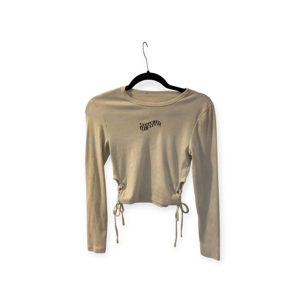Cultured Beige Ribbed Cropped Long Sleeve Top Side Tie Ruched Y2K
